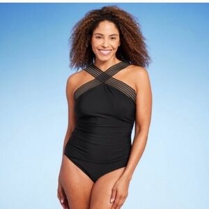 Aqua Green Women's Cross Front One Piece Swimsuit Black